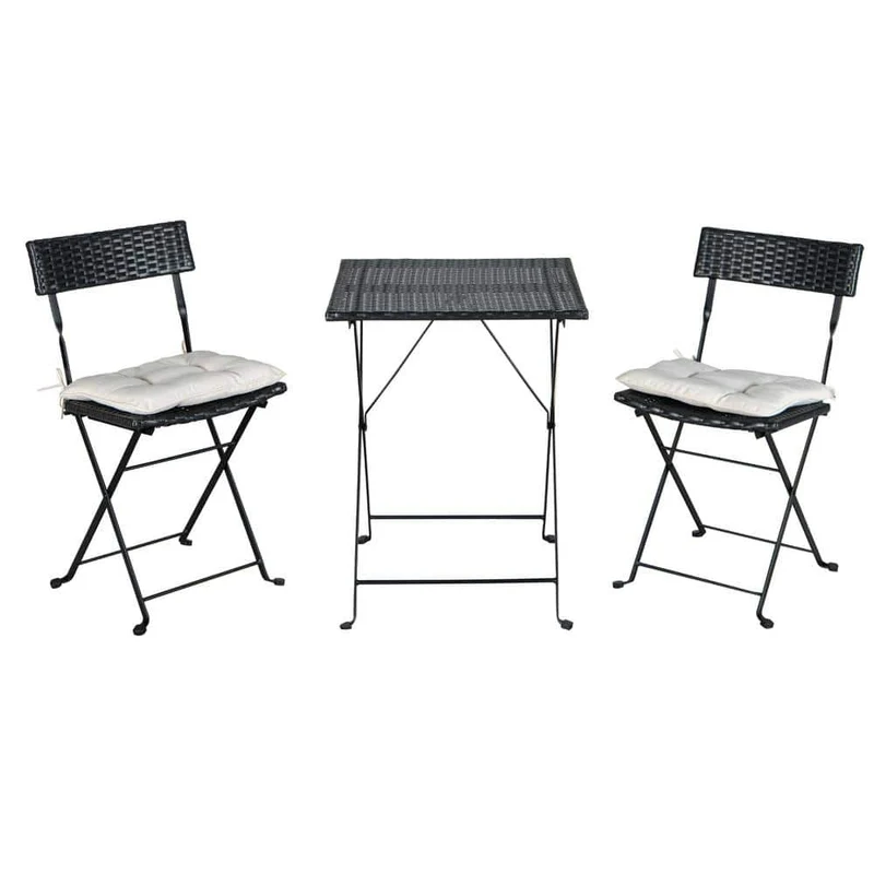 Black 3-Piece Wicker Outdoor Bistro Set with Beige Cushions