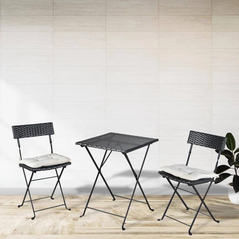 Black 3-Piece Wicker Outdoor Bistro Set with Beige Cushions