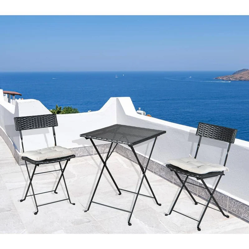 Black 3-Piece Wicker Outdoor Bistro Set with Beige Cushions