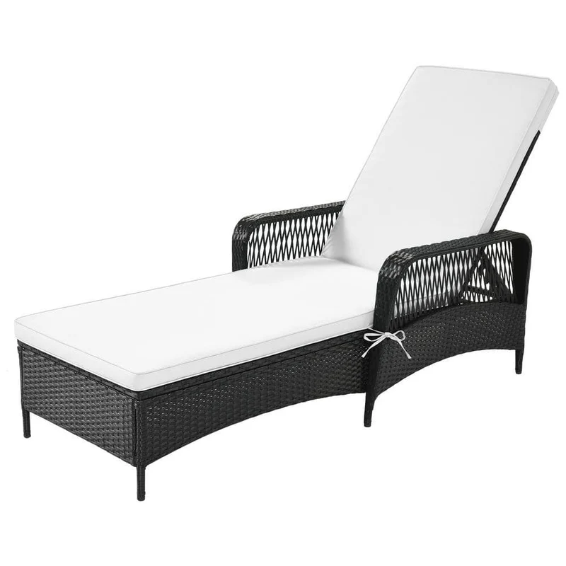 Black Adjustable Height Wicker Outdoor Patio Chaise Lounge with Beige Cushions