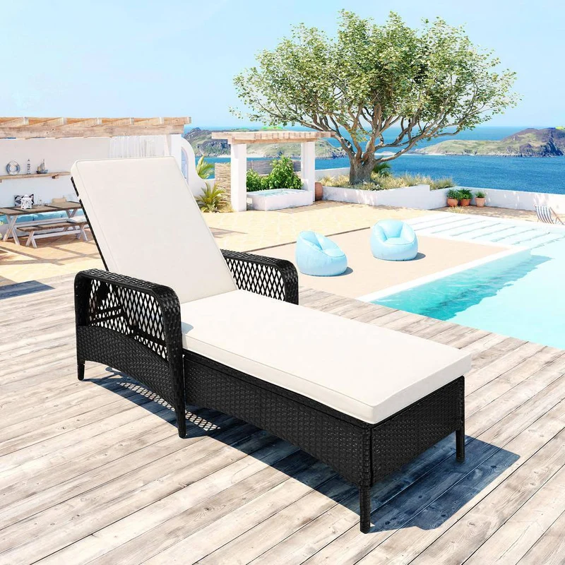 Black Adjustable Height Wicker Outdoor Patio Chaise Lounge with Beige Cushions