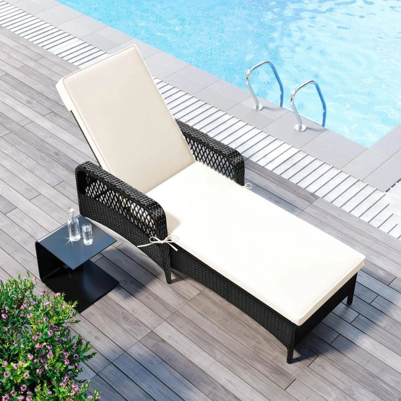 Black Adjustable Height Wicker Outdoor Patio Chaise Lounge with Beige Cushions
