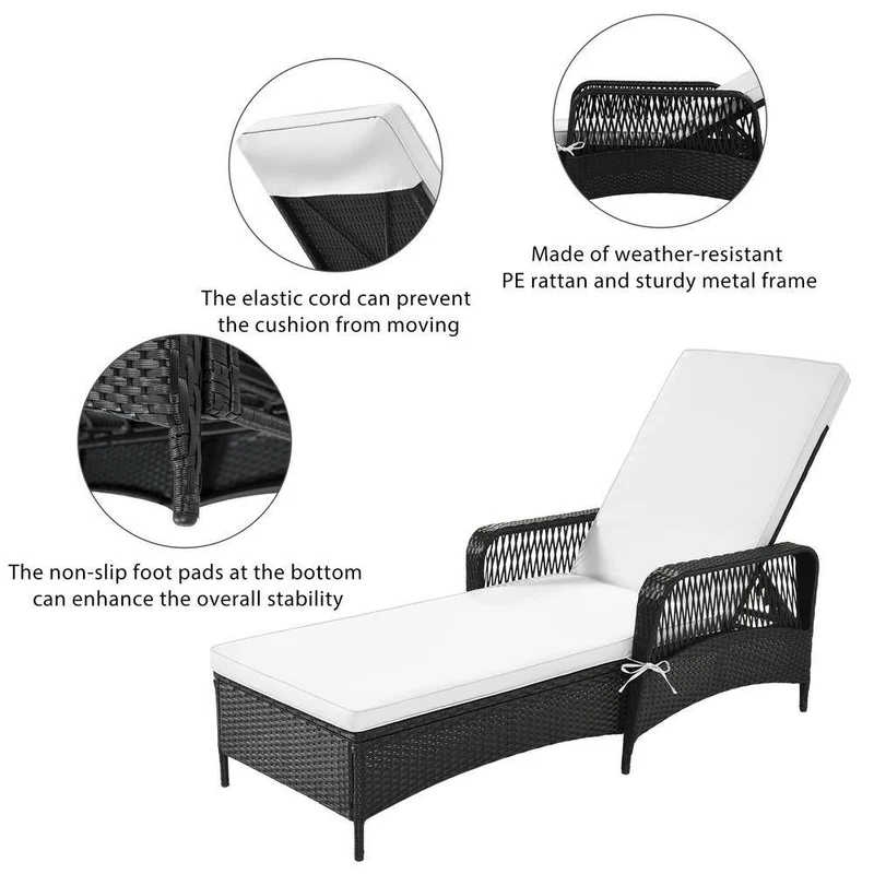 Black Adjustable Height Wicker Outdoor Patio Chaise Lounge with Beige Cushions