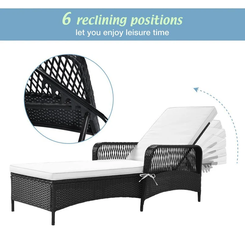 Black Adjustable Height Wicker Outdoor Patio Chaise Lounge with Beige Cushions