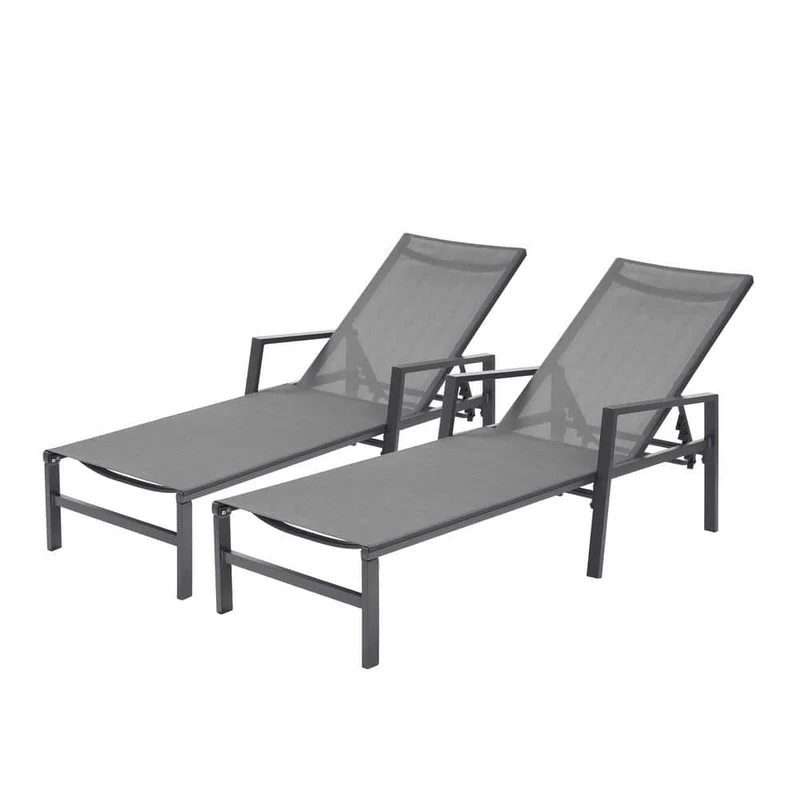 Gray 2-Piece Adjustable Metal Outdoor Chaise Lounge with Armrest