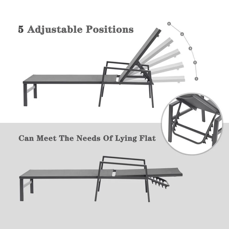 Gray 2-Piece Adjustable Metal Outdoor Chaise Lounge with Armrest