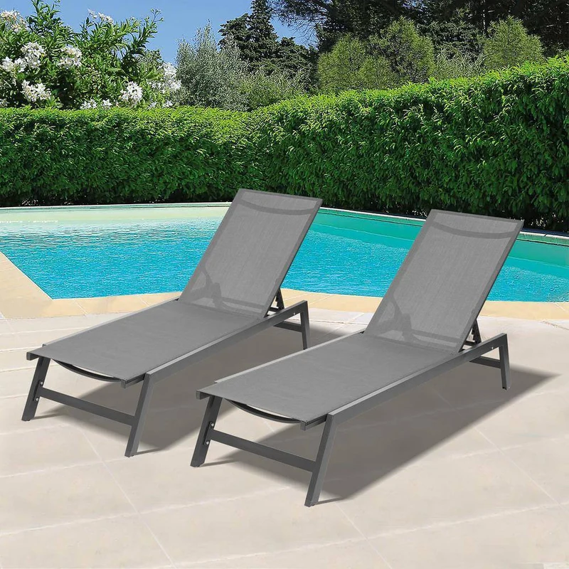 Dark Gray 2-Piece Adjustable Metal Outdoor Chaise Lounge