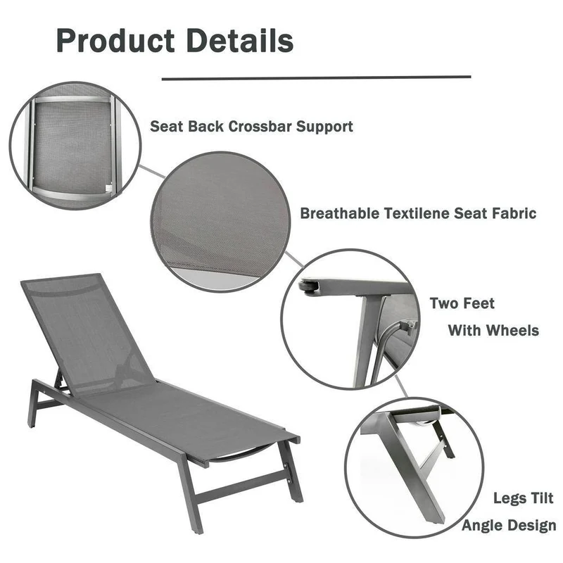Dark Gray 2-Piece Adjustable Metal Outdoor Chaise Lounge