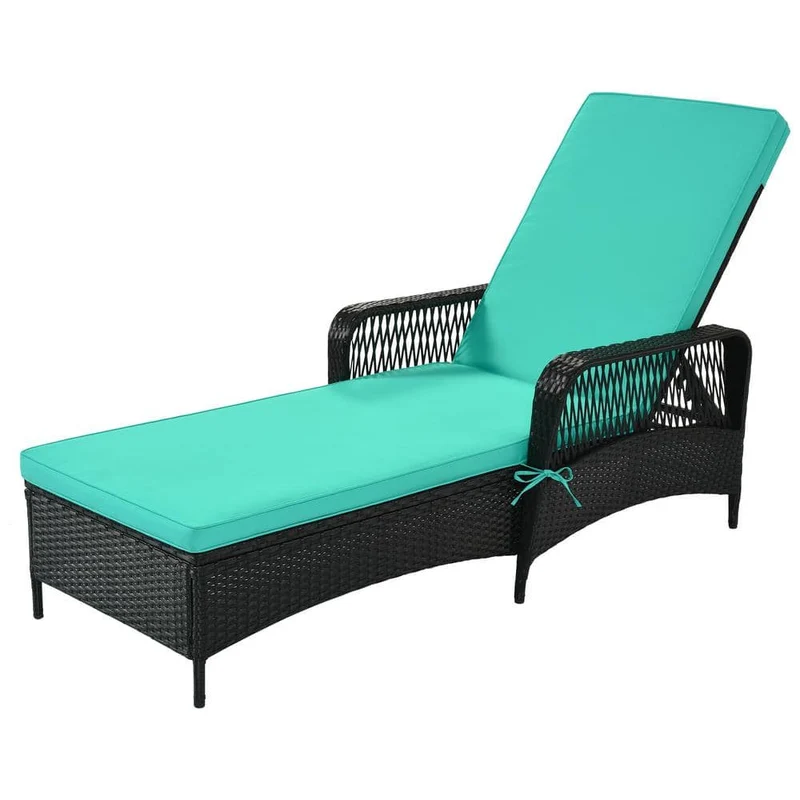 Black Wicker Outdoor Patio Chaise Lounge with Adjustable Backrest and Green Cushions