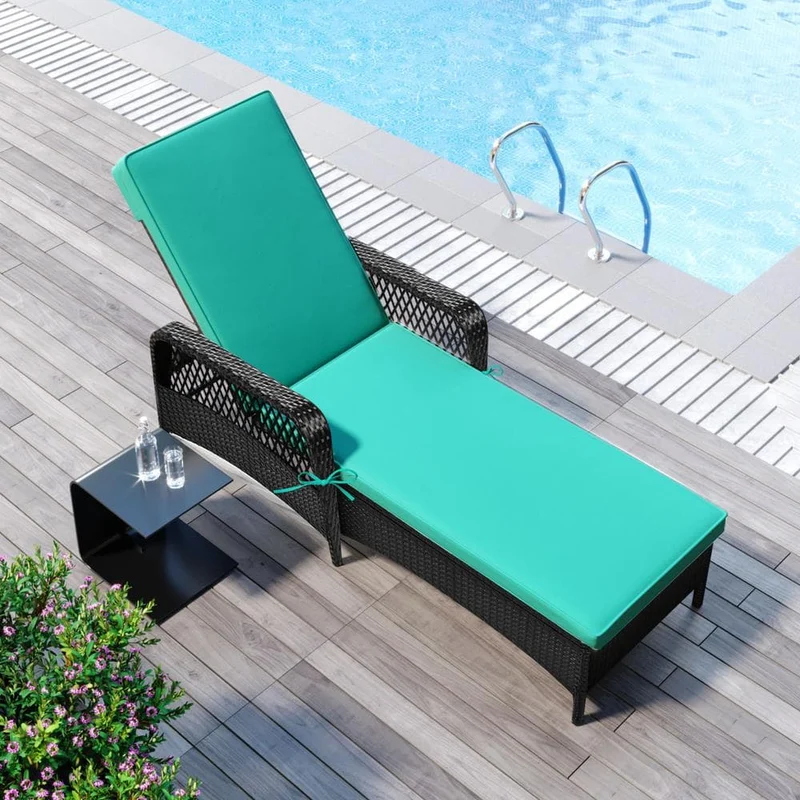 Black Wicker Outdoor Patio Chaise Lounge with Adjustable Backrest and Green Cushions