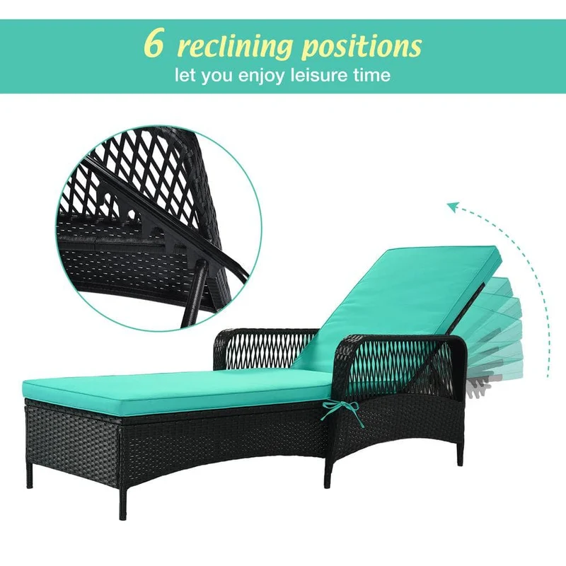 Black Wicker Outdoor Patio Chaise Lounge with Adjustable Backrest and Green Cushions