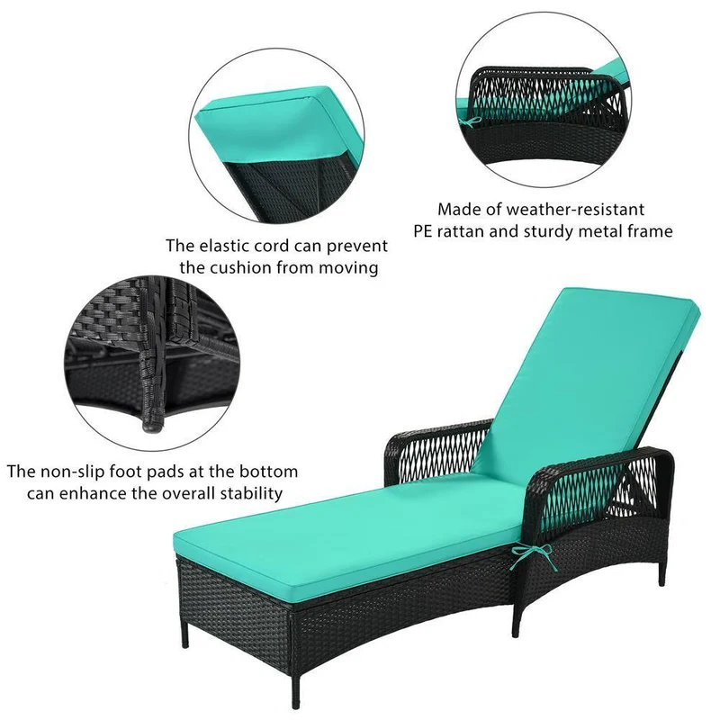 Black Wicker Outdoor Patio Chaise Lounge with Adjustable Backrest and Green Cushions