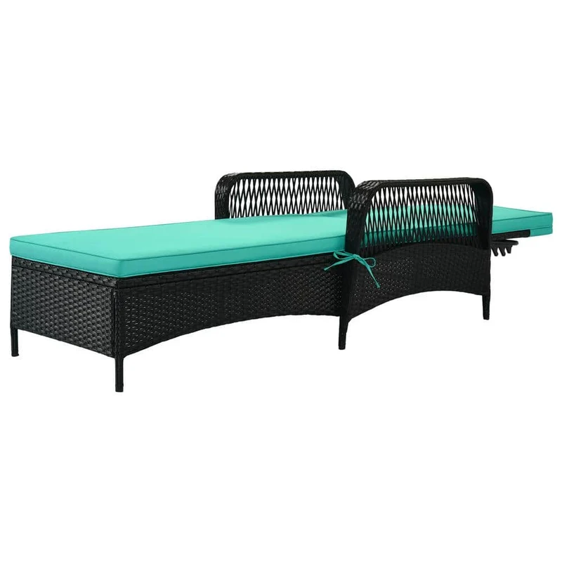 Black Wicker Outdoor Patio Chaise Lounge with Adjustable Backrest and Green Cushions