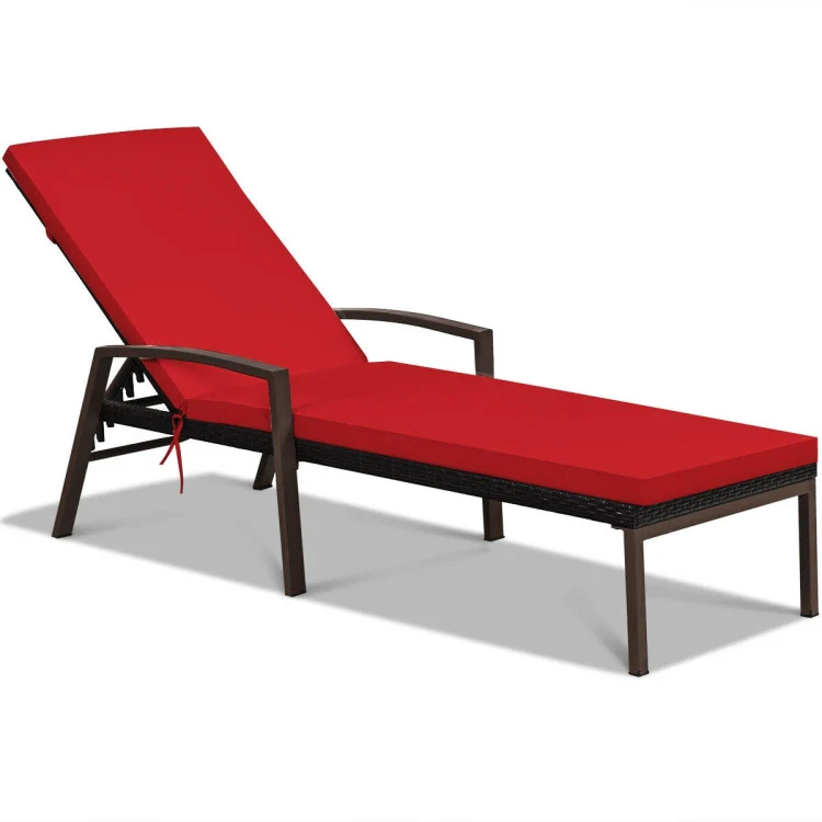 Brown Wicker Outdoor Patio Chaise Lounge Chair Adjustable Recliner with Red Cushions