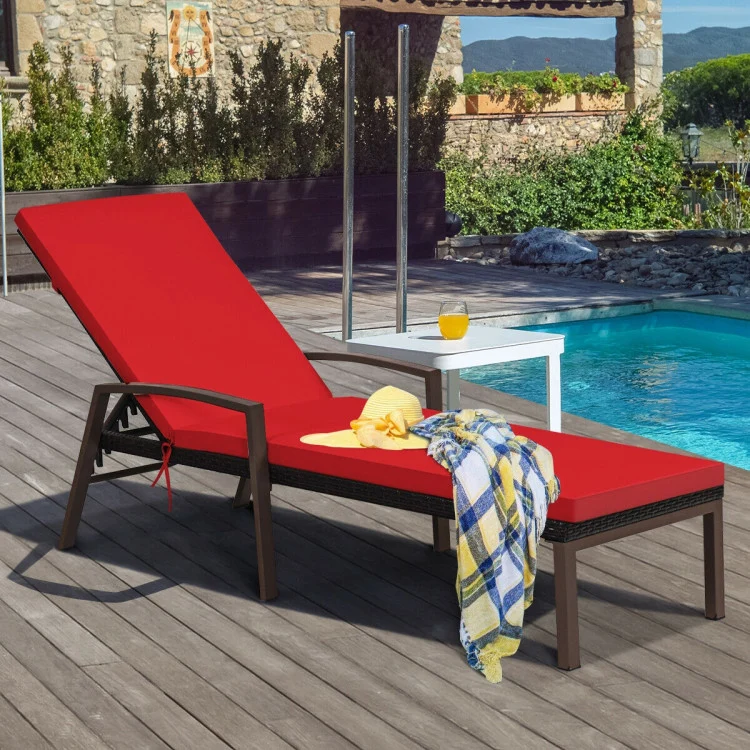 Brown Wicker Outdoor Patio Chaise Lounge Chair Adjustable Recliner with Red Cushions