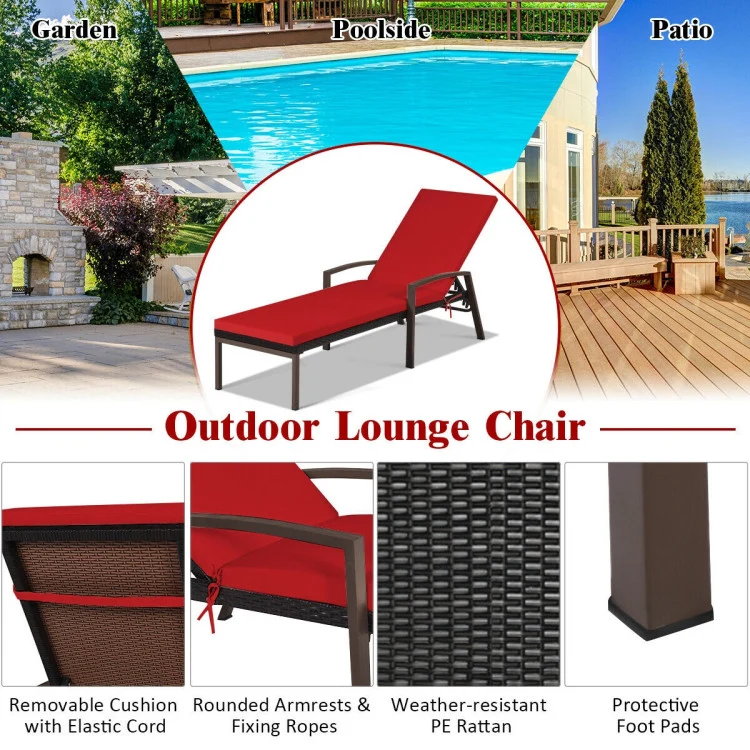 Brown Wicker Outdoor Patio Chaise Lounge Chair Adjustable Recliner with Red Cushions