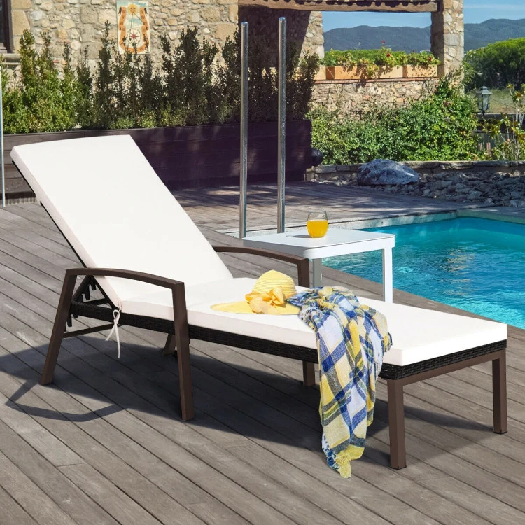 Brown Wicker Outdoor Patio Chaise Lounge Chair Adjustable Recliner with White Cushions