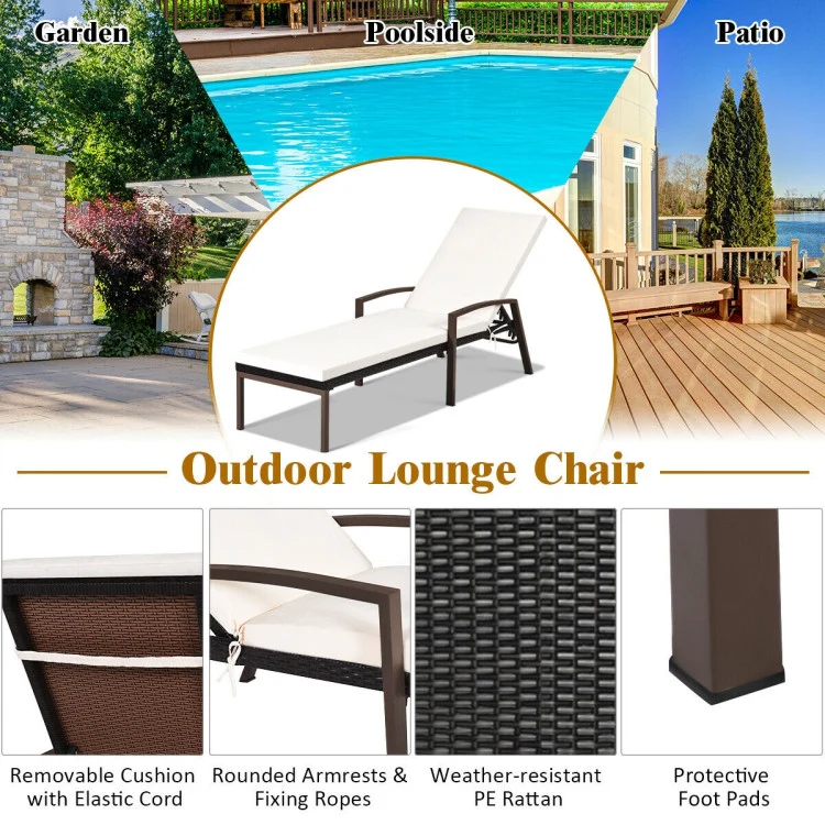 Brown Wicker Outdoor Patio Chaise Lounge Chair Adjustable Recliner with White Cushions