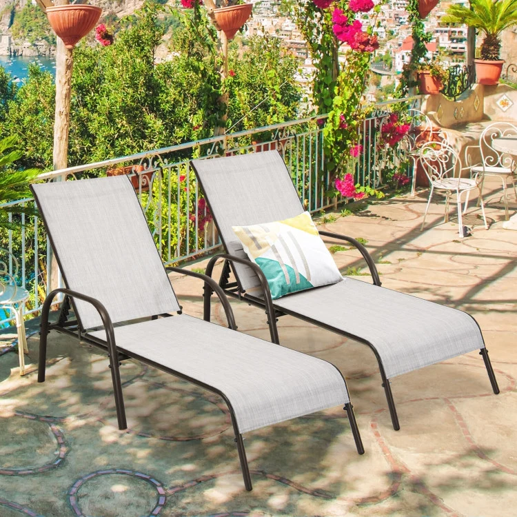 2-Piece Metal Adjustable Outdoor Chaise Lounges Chairs with Adjustable Reclining Armrest in Light Gray