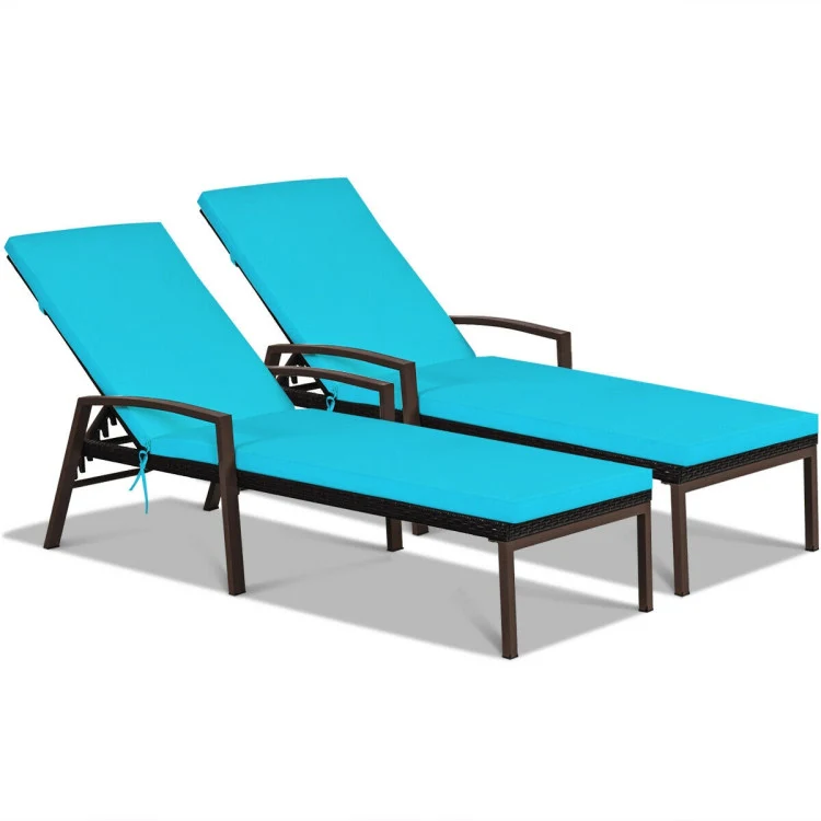Adjustable Brown Wicker Outdoor Patio Chaise Lounge with Armrest and Green Cushions (2-Pack)