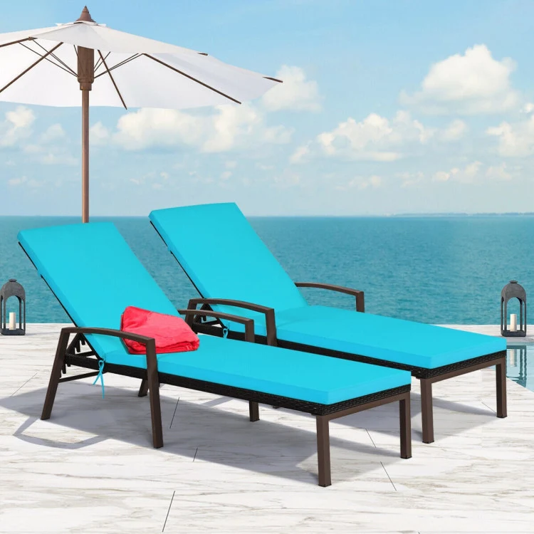 Adjustable Brown Wicker Outdoor Patio Chaise Lounge with Armrest and Green Cushions (2-Pack)