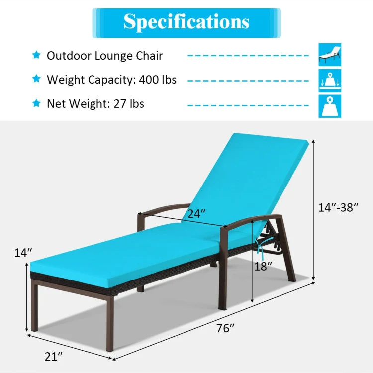 Adjustable Brown Wicker Outdoor Patio Chaise Lounge with Armrest and Green Cushions (2-Pack)