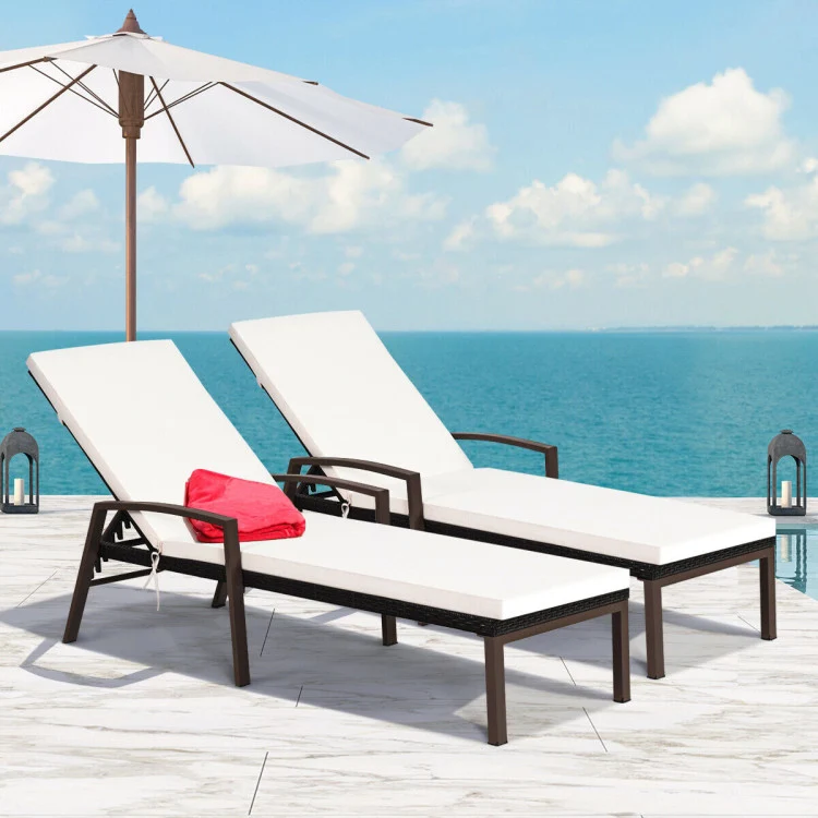 Adjustable Brown Wicker Outdoor Patio Chaise Lounge with Armrest and White Cushions (2-Pack)