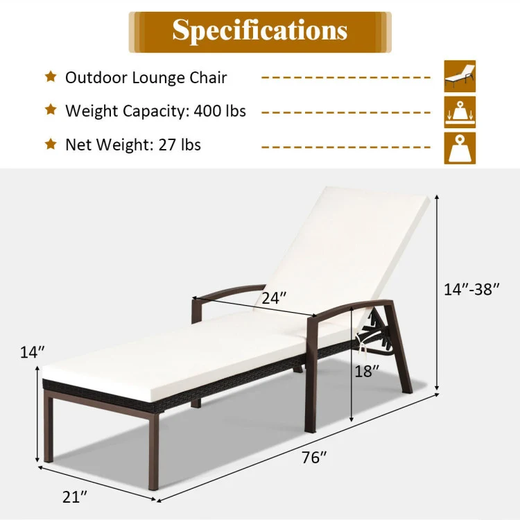 Adjustable Brown Wicker Outdoor Patio Chaise Lounge with Armrest and White Cushions (2-Pack)