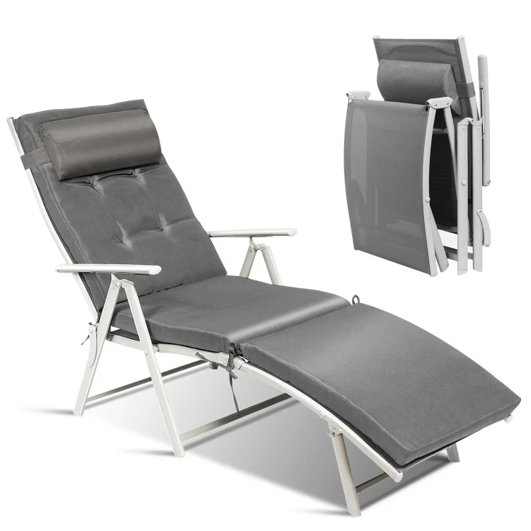 Metal Folding Outdoor Patio Chaise Lounge Adjustable Recliner with Gray Cushion