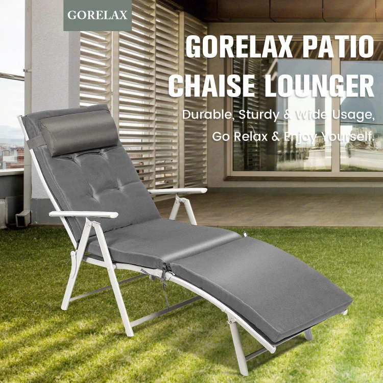 Metal Folding Outdoor Patio Chaise Lounge Adjustable Recliner with Gray Cushion