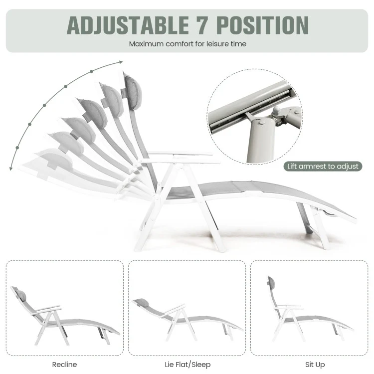 Metal Folding Outdoor Patio Chaise Lounge Adjustable Recliner with Gray Cushion