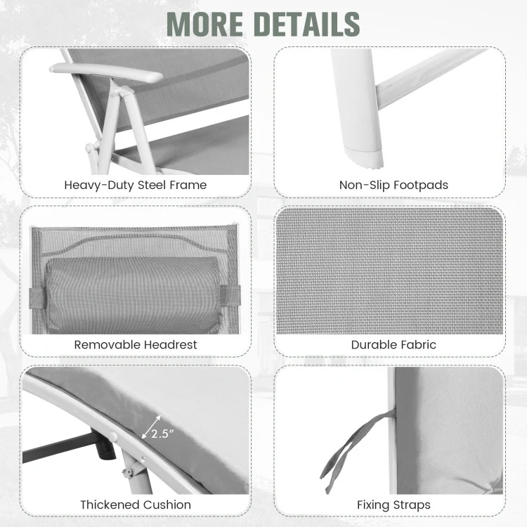 Metal Folding Outdoor Patio Chaise Lounge Adjustable Recliner with Gray Cushion