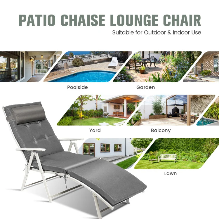 Metal Folding Outdoor Patio Chaise Lounge Adjustable Recliner with Gray Cushion