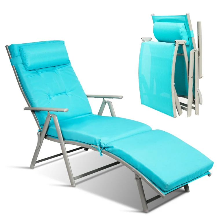 Metal Folding Outdoor Patio Chaise Lounge Adjustable Recliner with Blue Cushion