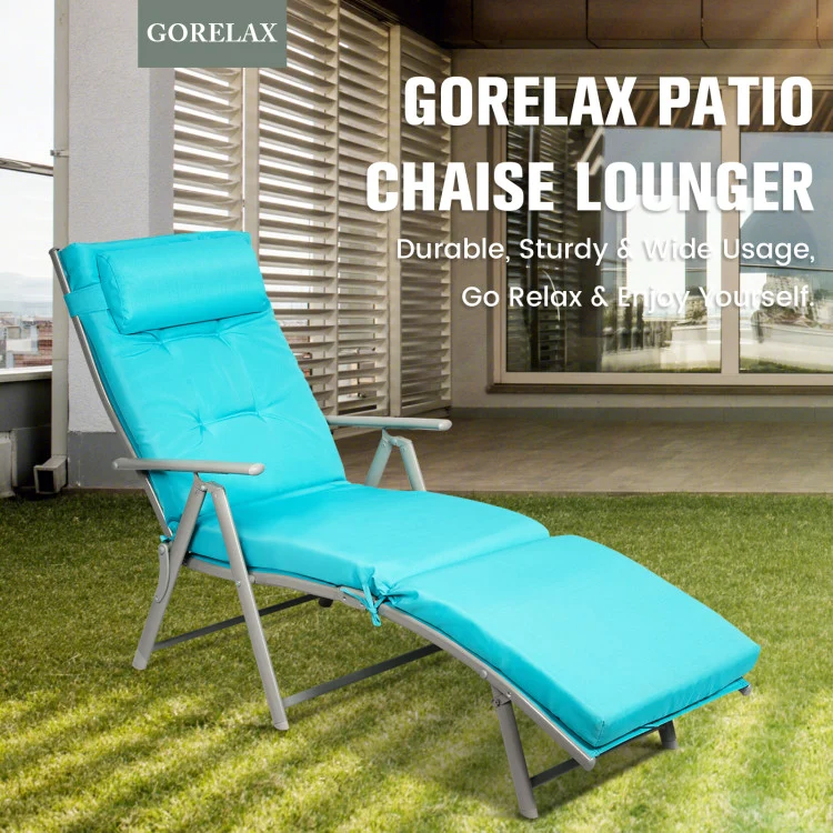 Metal Folding Outdoor Patio Chaise Lounge Adjustable Recliner with Blue Cushion