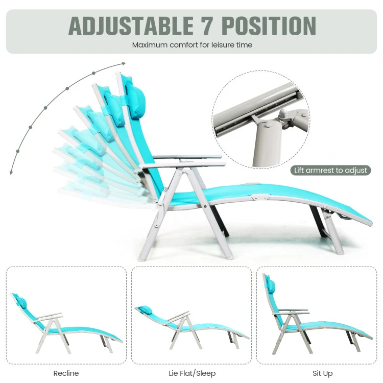 Metal Folding Outdoor Patio Chaise Lounge Adjustable Recliner with Blue Cushion