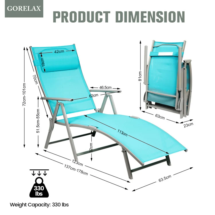 Metal Folding Outdoor Patio Chaise Lounge Adjustable Recliner with Blue Cushion