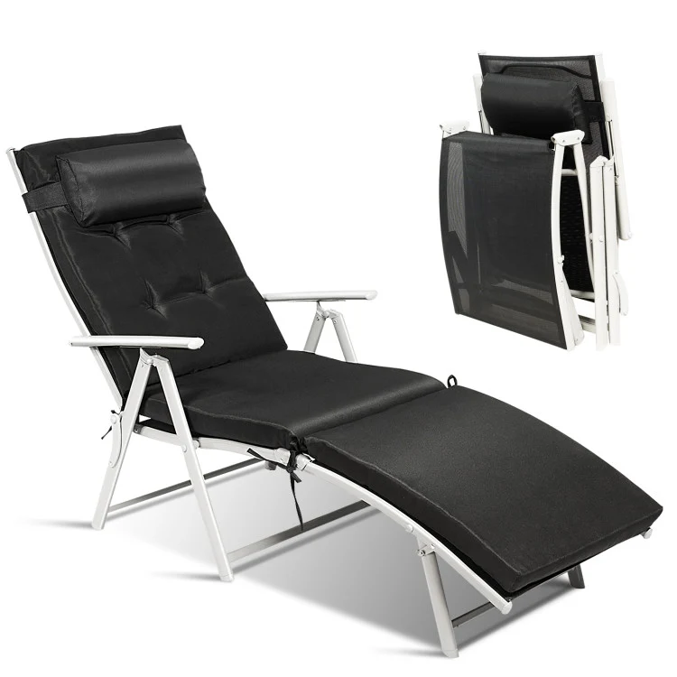 Metal Folding Outdoor Patio Chaise Lounge Adjustable Recliner with Black Cushion