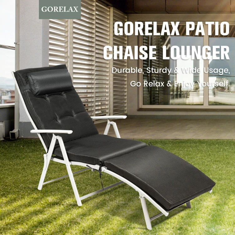 Metal Folding Outdoor Patio Chaise Lounge Adjustable Recliner with Black Cushion