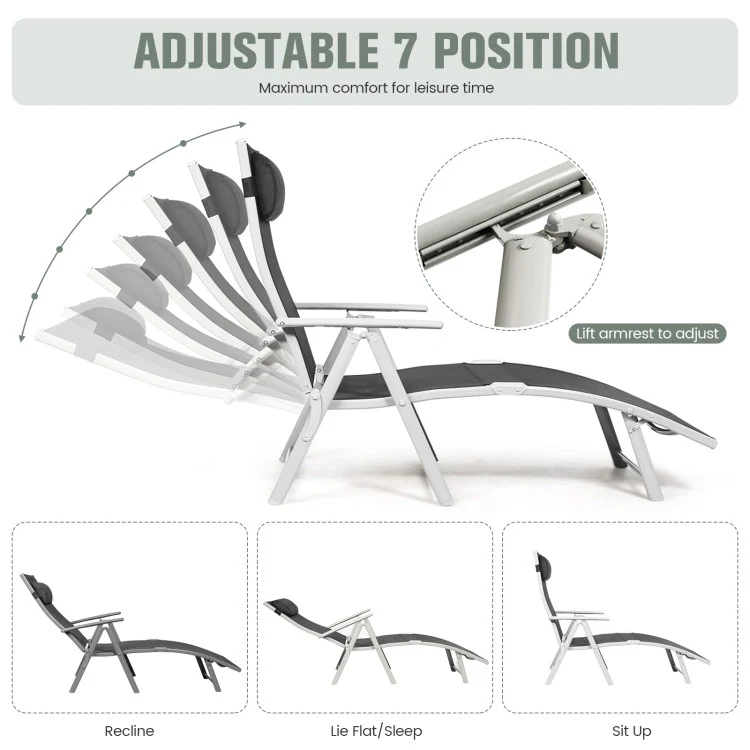 Metal Folding Outdoor Patio Chaise Lounge Adjustable Recliner with Black Cushion