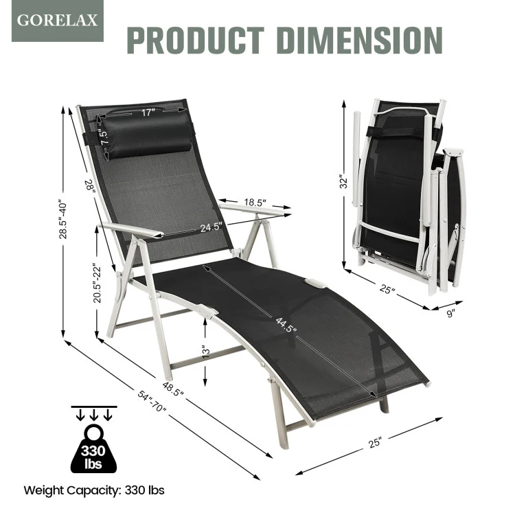 Metal Folding Outdoor Patio Chaise Lounge Adjustable Recliner with Black Cushion