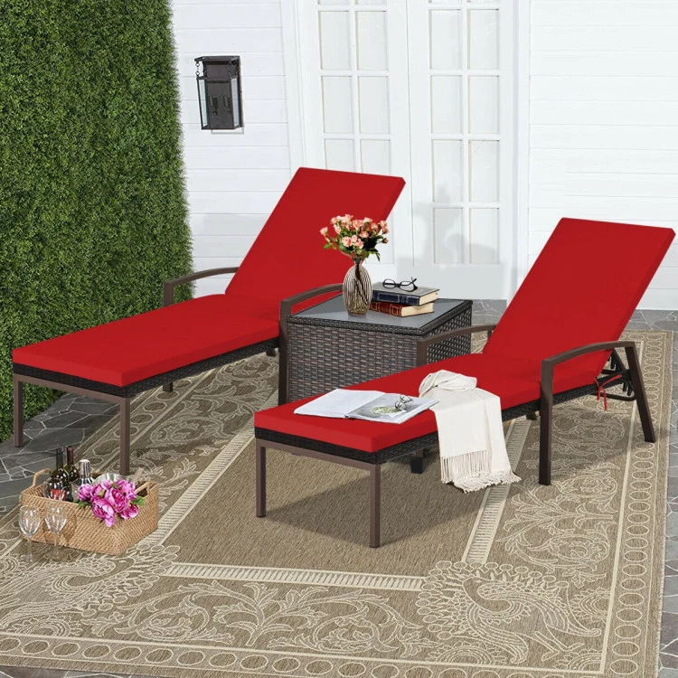Adjustable Brown Wicker Outdoor Patio Chaise Lounge with Armrest and Red Cushions (2-Pack)