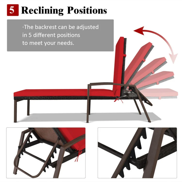 Adjustable Brown Wicker Outdoor Patio Chaise Lounge with Armrest and Red Cushions (2-Pack)