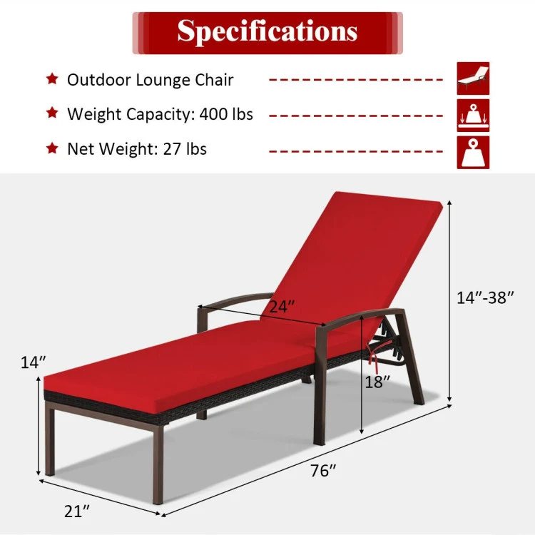 Adjustable Brown Wicker Outdoor Patio Chaise Lounge with Armrest and Red Cushions (2-Pack)