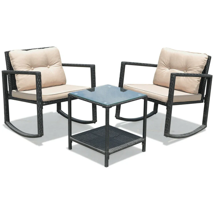 Black 3-Piece Wicker Outdoor Bistro Set with Beige Cushions
