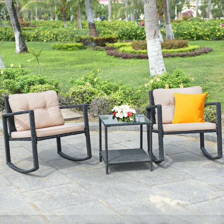 Black 3-Piece Wicker Outdoor Bistro Set with Beige Cushions