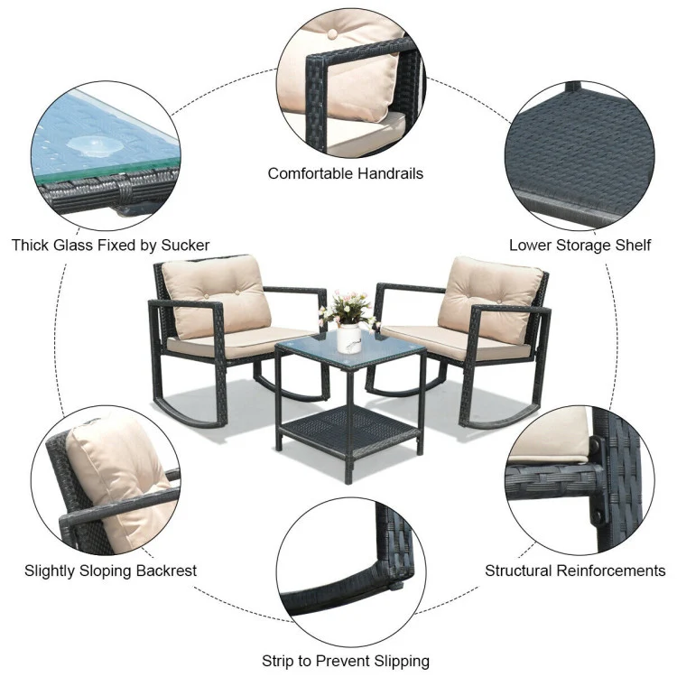 Black 3-Piece Wicker Outdoor Bistro Set with Beige Cushions