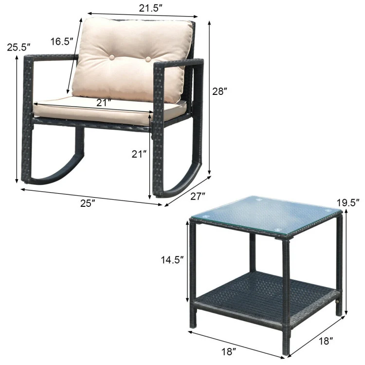 Black 3-Piece Wicker Outdoor Bistro Set with Beige Cushions