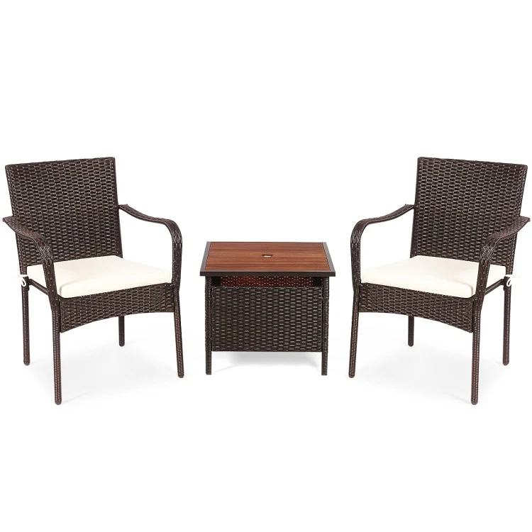 Brown 3-Piece Wicker Outdoor Bistro Set with Side Table and Beige Cushions