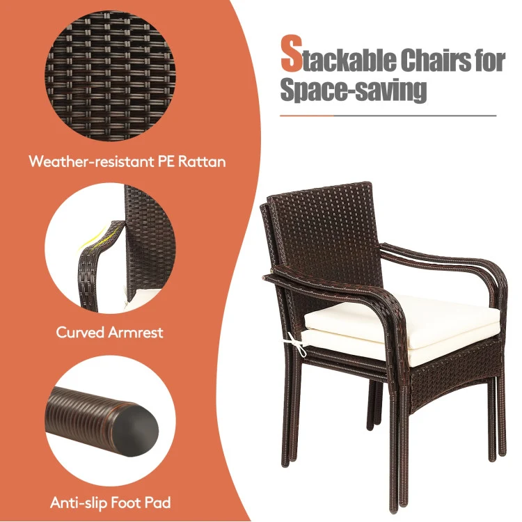 Brown 3-Piece Wicker Outdoor Bistro Set with Side Table and Beige Cushions